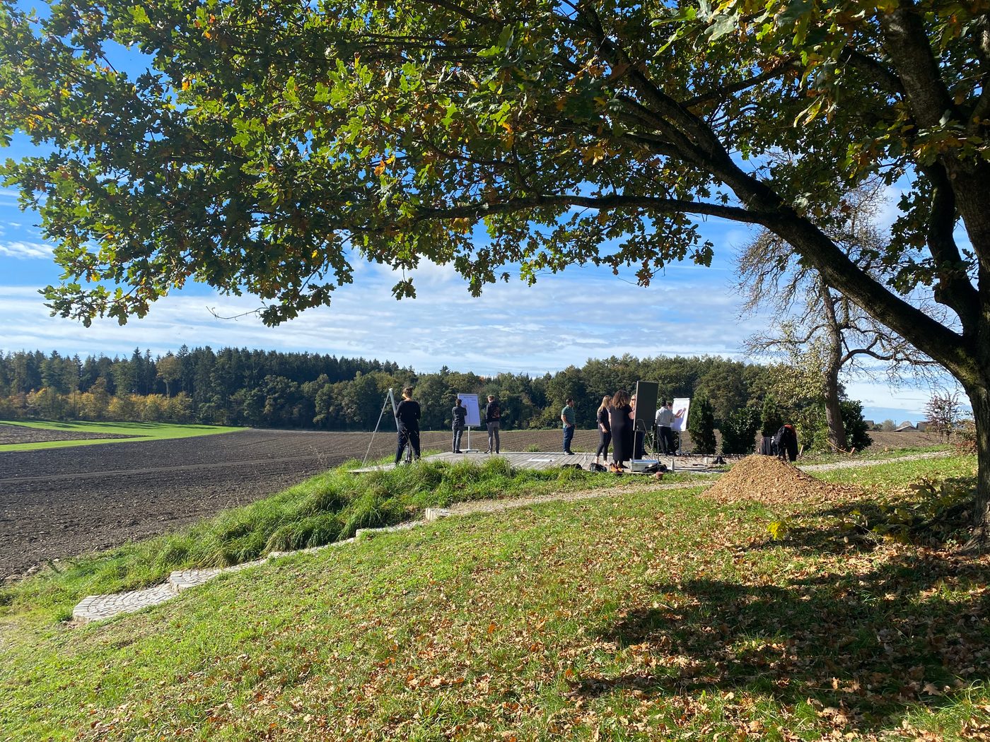A leadership team mapping their system outdoors at a retreat